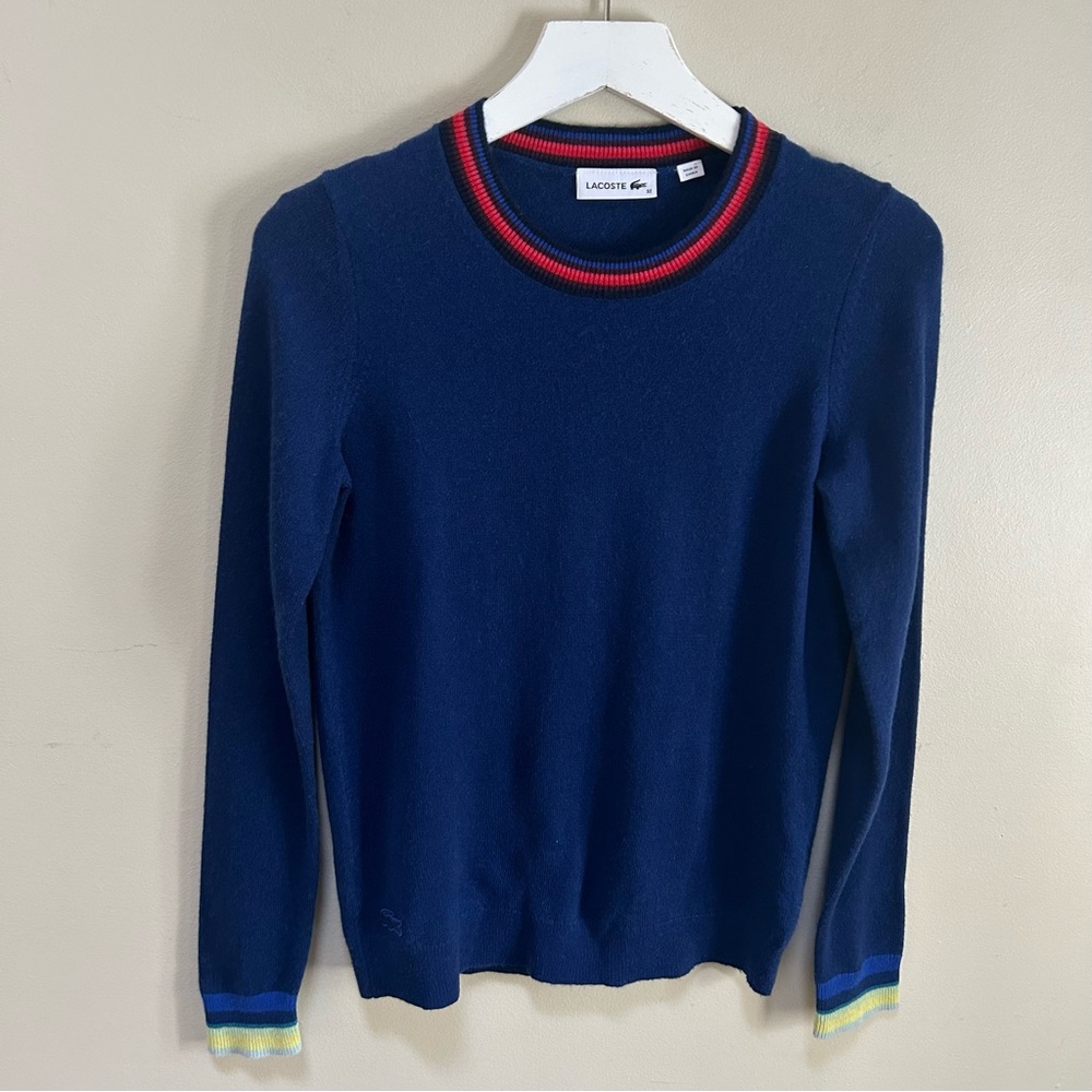 Lacoste~ Women's size 32 / XS Blue Cashmere Sweater with Multicolor Trim